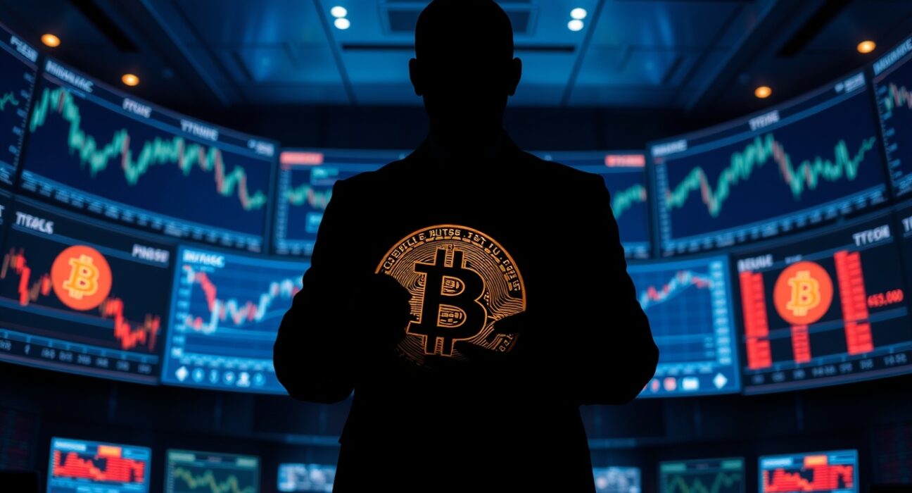 Silhouette of a Bitcoin holder on a trading floor with price charts in the background