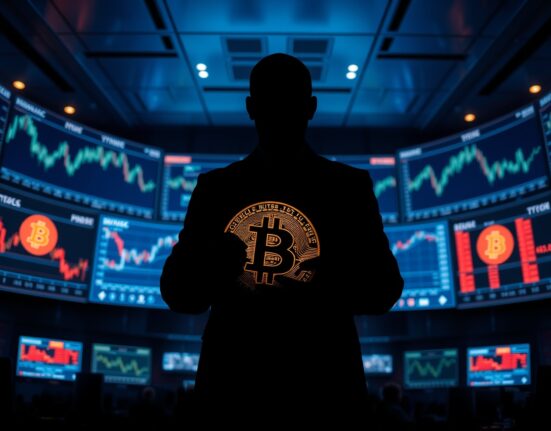 Silhouette of a Bitcoin holder on a trading floor with price charts in the background
