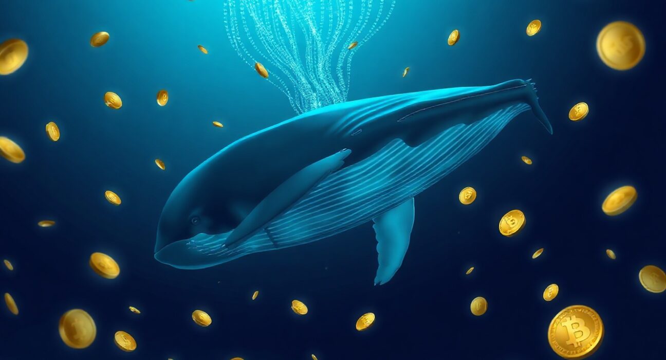 A digital whale swimming through blockchain data streams and golden coins, representing a large cryptocurrency holder.