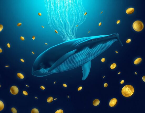 A digital whale swimming through blockchain data streams and golden coins, representing a large cryptocurrency holder.