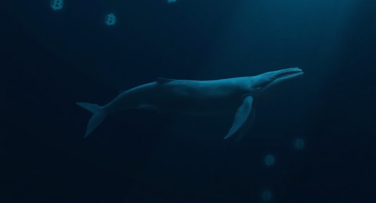 Whale swimming in dark ocean with glowing Bitcoin symbols, representing a crypto investor loss.