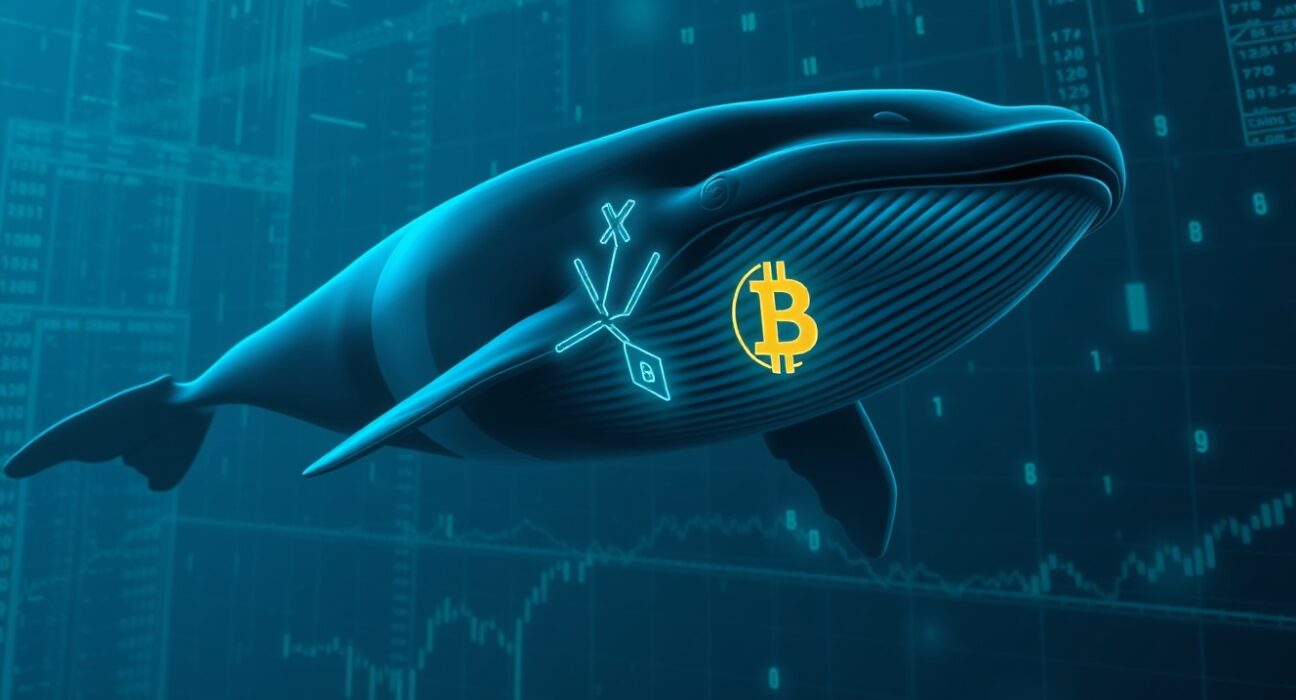 Whale swimming through digital data streams with Bitcoin and XRP symbols