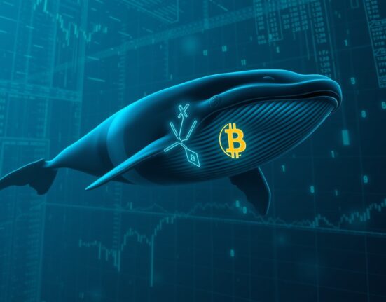 Whale swimming through digital data streams with Bitcoin and XRP symbols