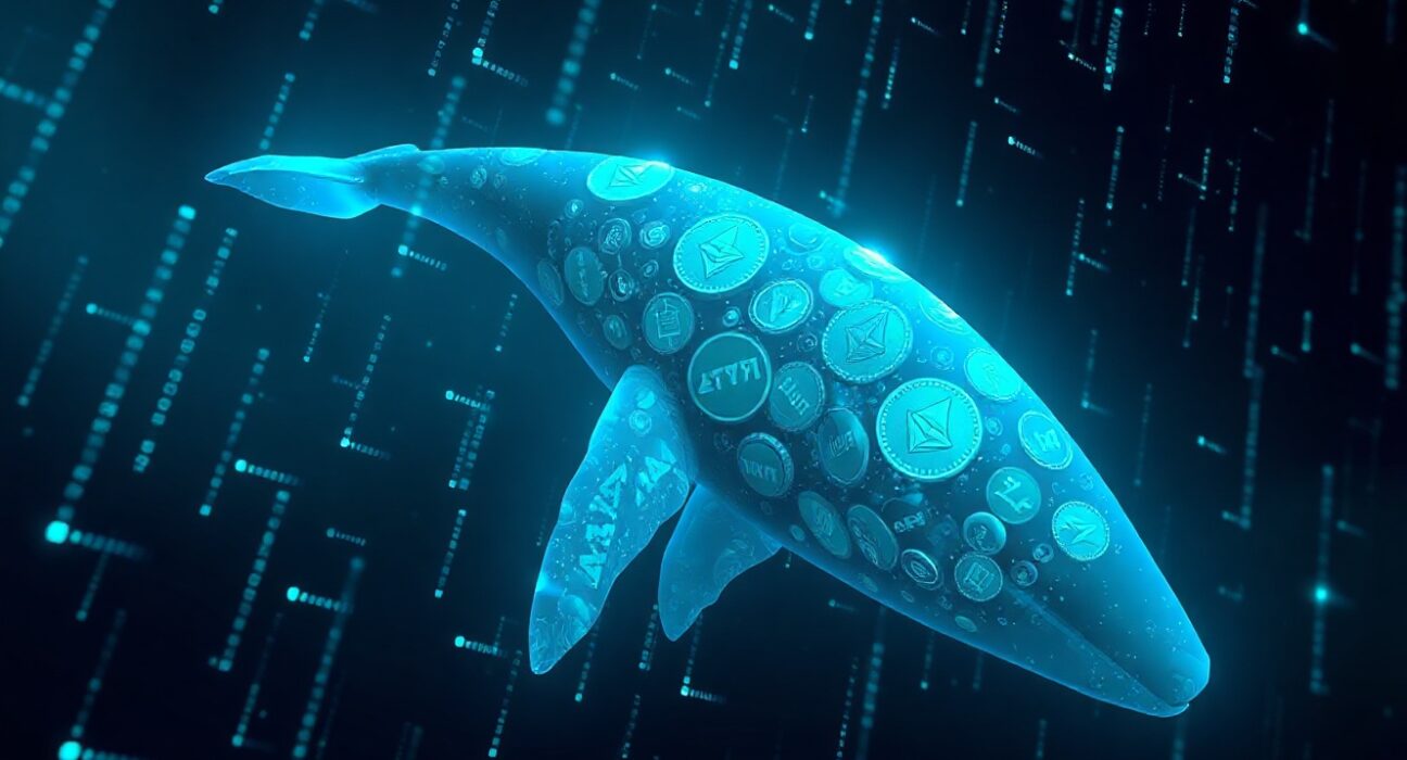 A digital whale made of ETH and AAVE tokens swimming through blockchain data streams.