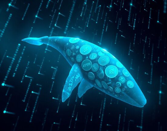 A digital whale made of ETH and AAVE tokens swimming through blockchain data streams.