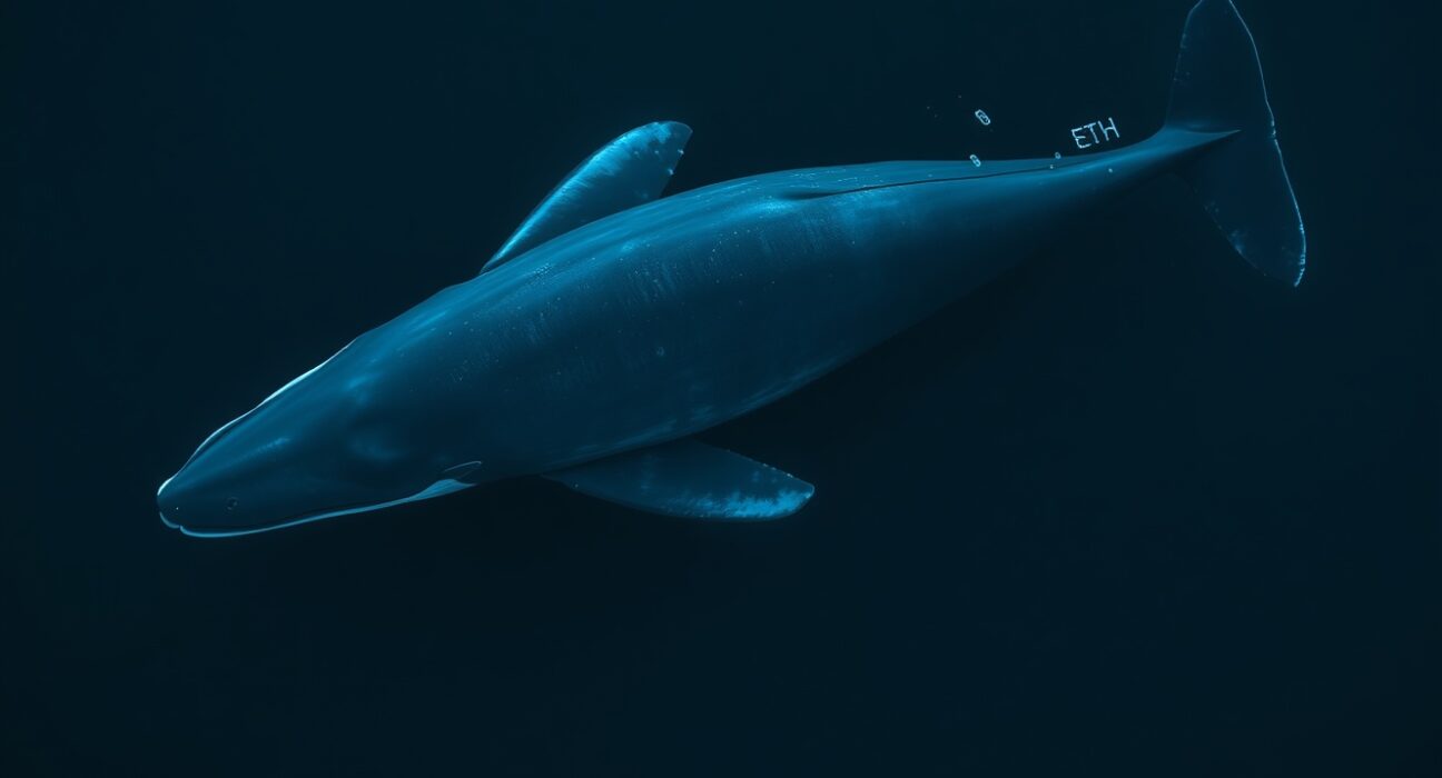 A blue whale swimming in dark ocean water with ethereum symbols reflecting on the surface, representing crypto whale activity.