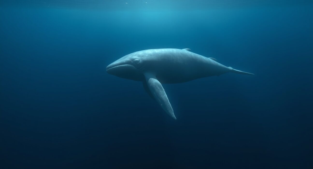 A whale swimming in deep ocean water, representing a large cryptocurrency investor taking a loss.