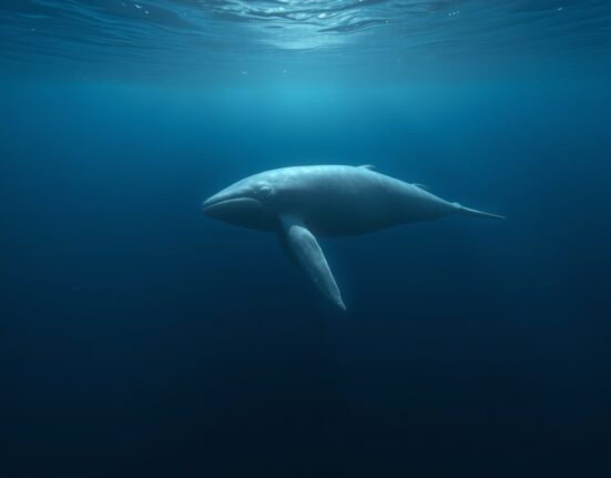A whale swimming in deep ocean water, representing a large cryptocurrency investor taking a loss.