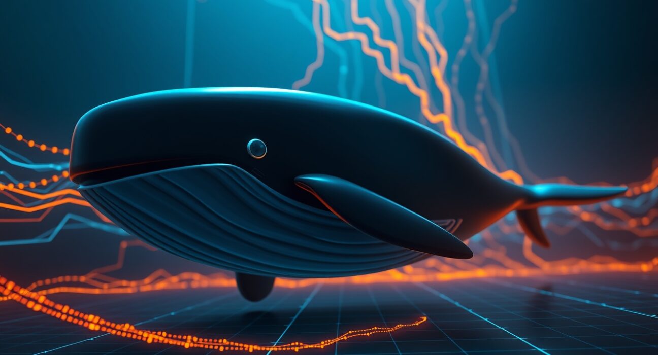 Digital whale swimming through blockchain data streams representing a large cryptocurrency transaction.
