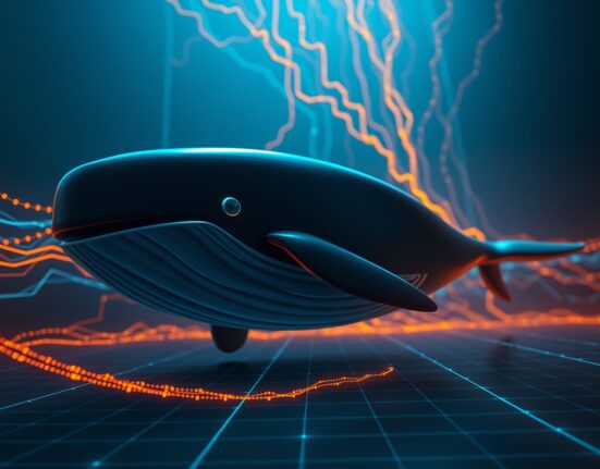 Digital whale swimming through blockchain data streams representing a large cryptocurrency transaction.