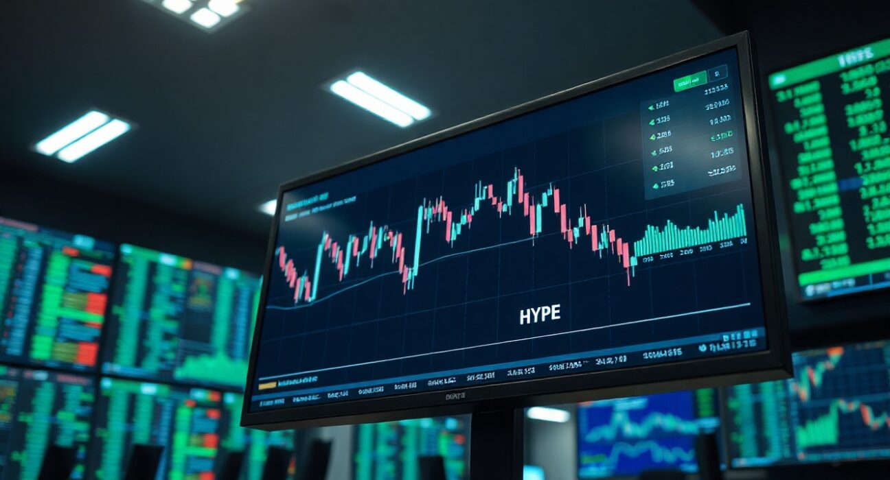 Cryptocurrency trading chart on a monitor showing a downward trend for HYPE token