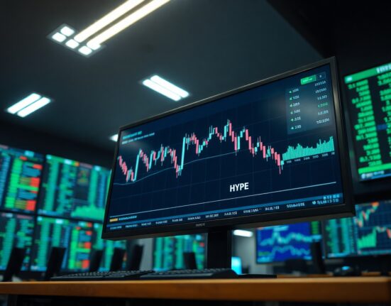 Cryptocurrency trading chart on a monitor showing a downward trend for HYPE token