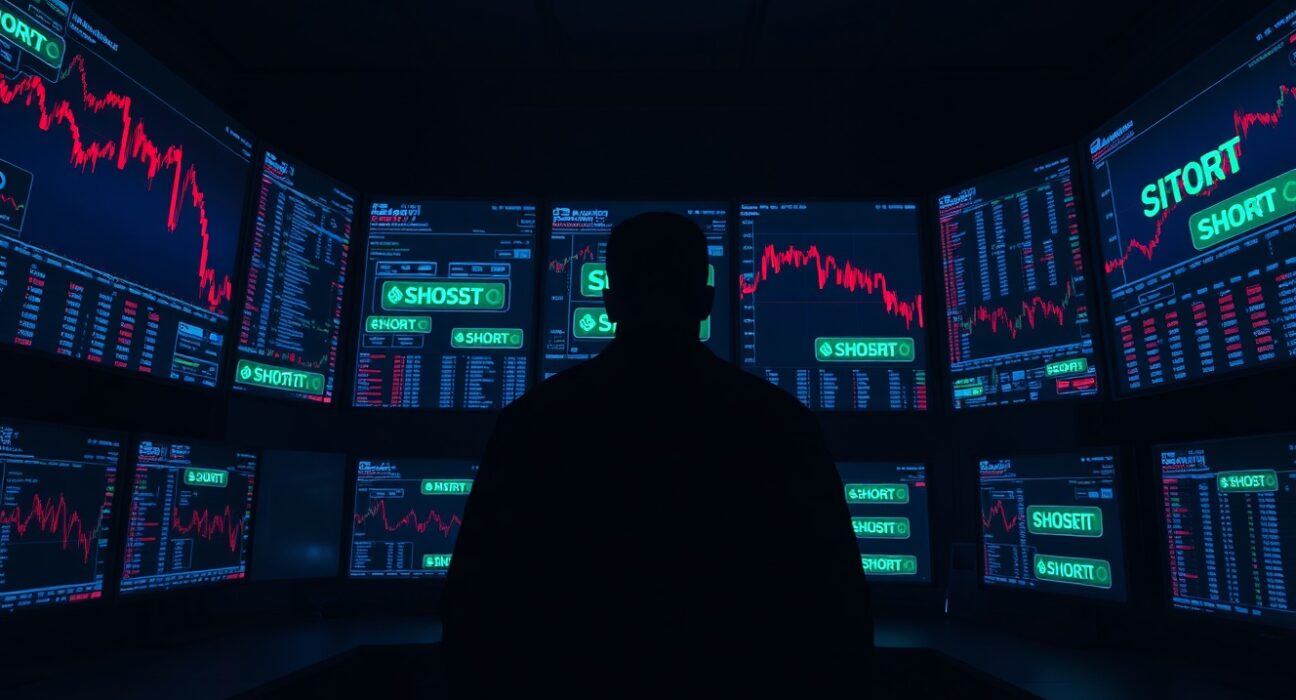 Silhouette of a cryptocurrency trader monitoring screens showing a short position on Hyperliquid.