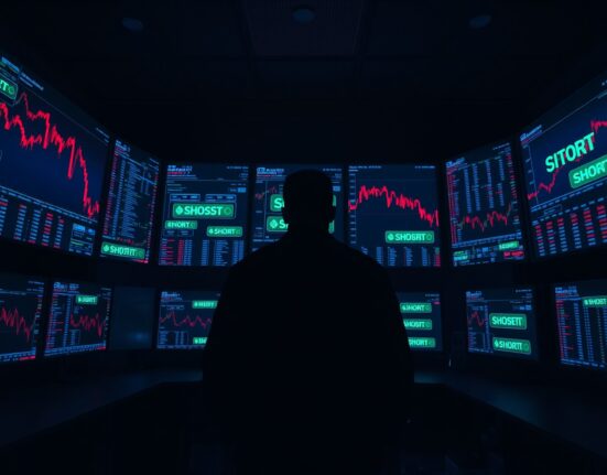 Silhouette of a cryptocurrency trader monitoring screens showing a short position on Hyperliquid.
