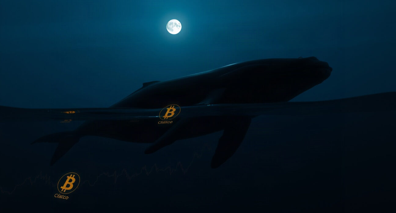 Illustration of a whale in the ocean with digital cryptocurrency symbols, representing a large crypto trade.