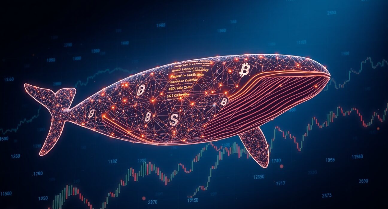 A digital whale composed of blockchain nodes swimming through data streams, representing a large cryptocurrency transaction.