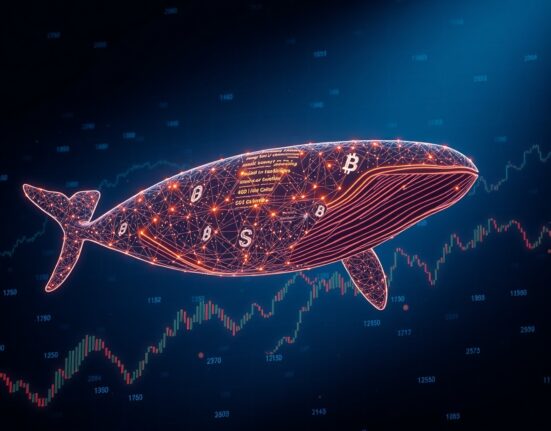 A digital whale composed of blockchain nodes swimming through data streams, representing a large cryptocurrency transaction.