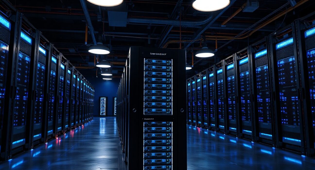 A large cryptocurrency staking facility with servers and cooling systems, representing large-scale Ethereum staking activity.