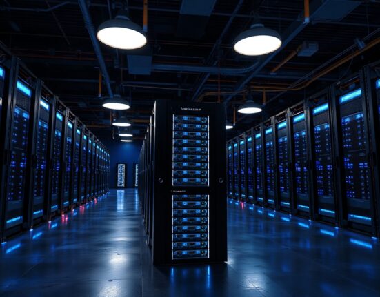 A large cryptocurrency staking facility with servers and cooling systems, representing large-scale Ethereum staking activity.
