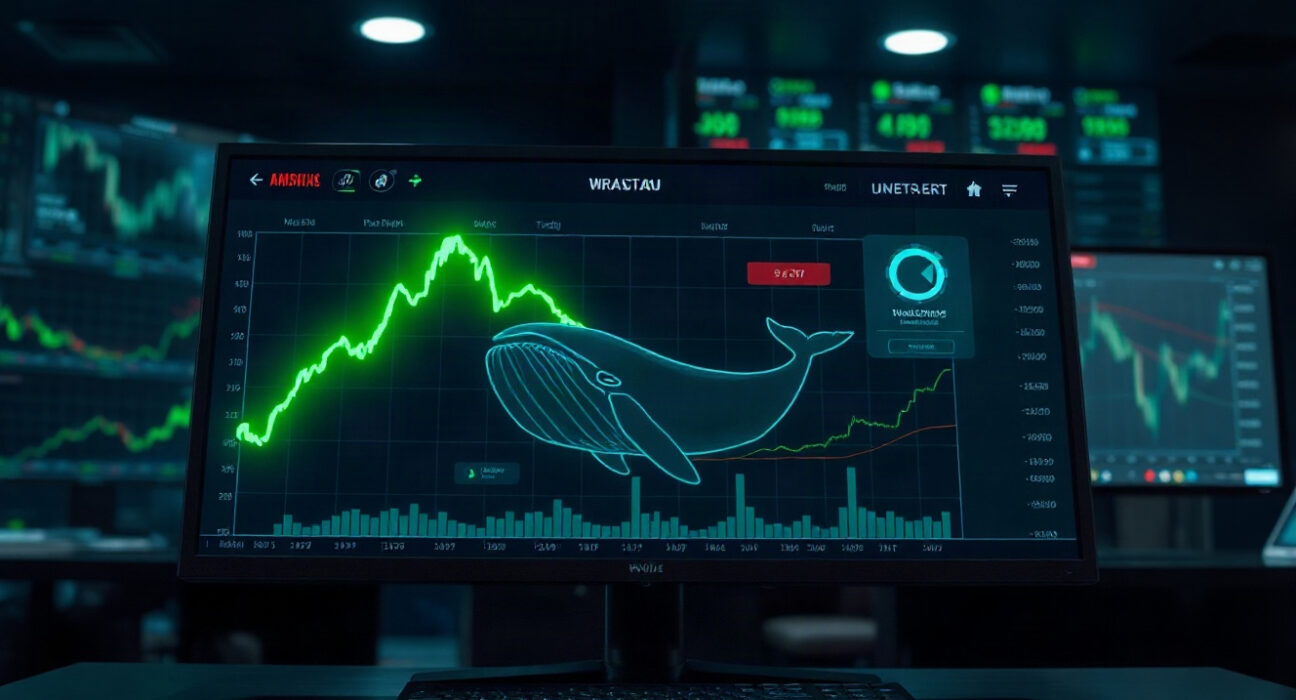 Digital dashboard showing a whale icon and upward trend line, representing a large HYPE staking transaction.