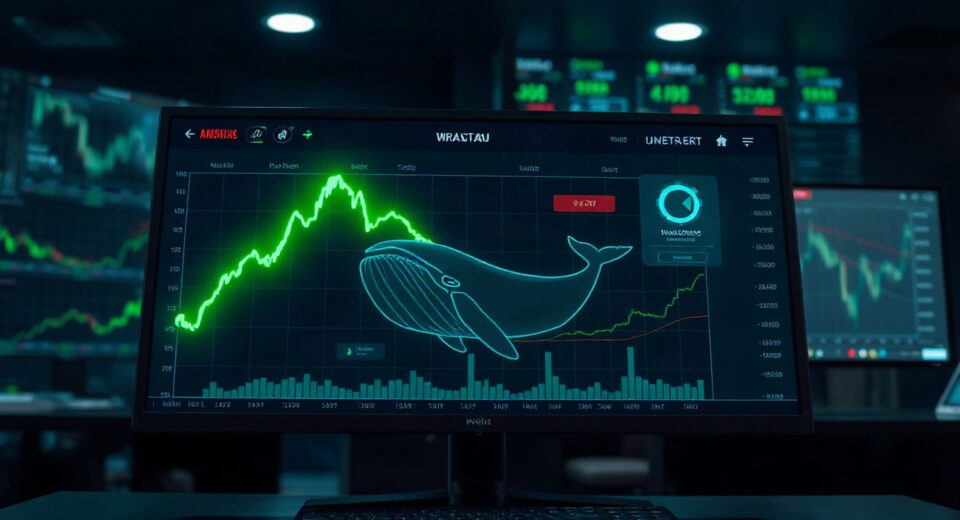 Digital dashboard showing a whale icon and upward trend line, representing a large HYPE staking transaction.