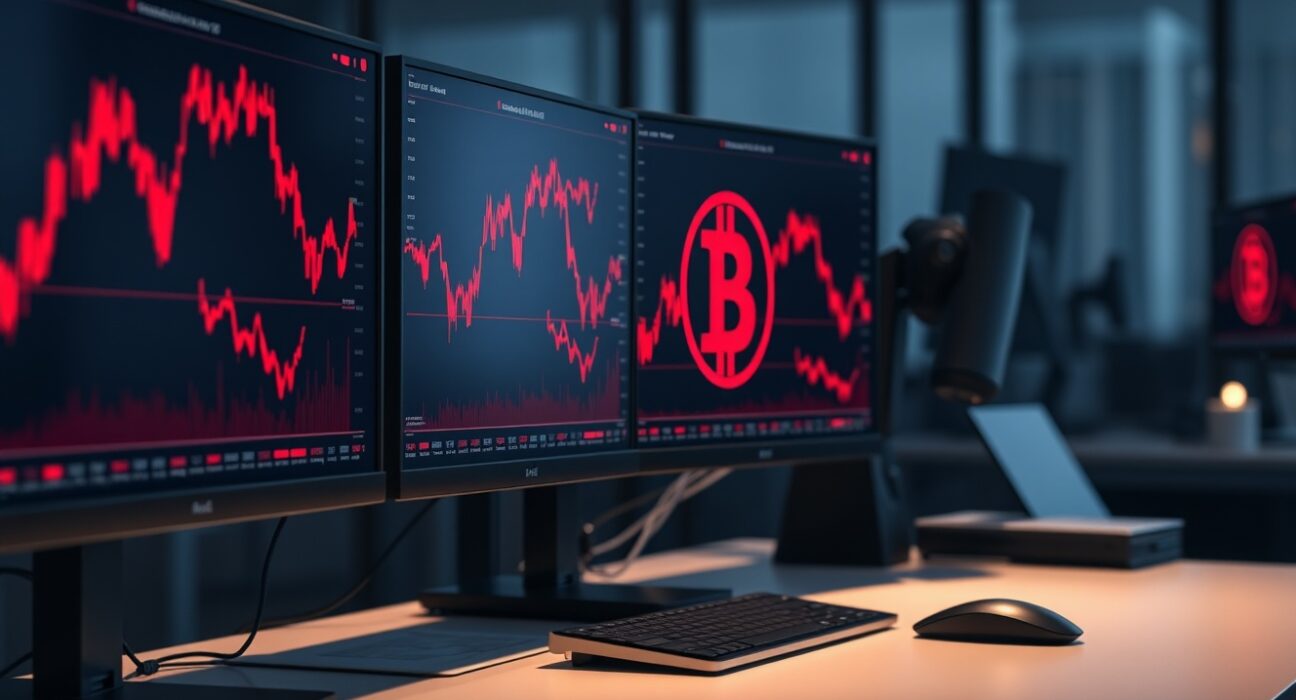 Bitcoin price chart on trading monitors in a dark, professional trading environment