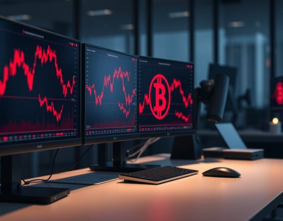 Bitcoin price chart on trading monitors in a dark, professional trading environment