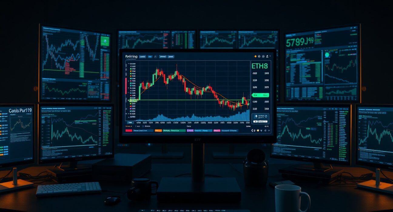 Cryptocurrency trading desk with monitors showing ETH/BTC price charts, representing a whale trader's large swap.