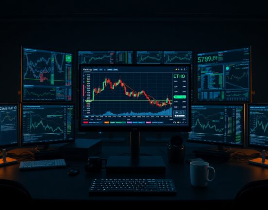 Cryptocurrency trading desk with monitors showing ETH/BTC price charts, representing a whale trader's large swap.