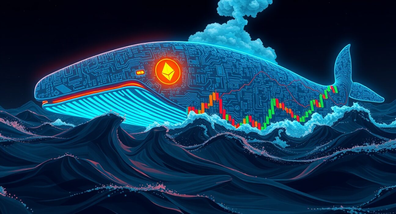 A digital whale representing a crypto trader facing a massive unrealized loss on BTC and ETH short positions.
