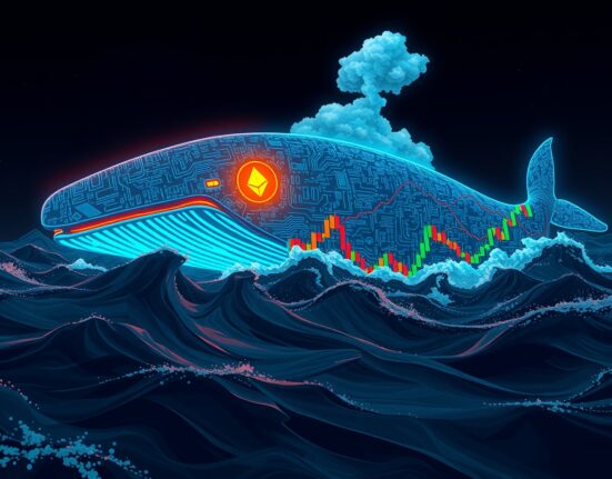 A digital whale representing a crypto trader facing a massive unrealized loss on BTC and ETH short positions.