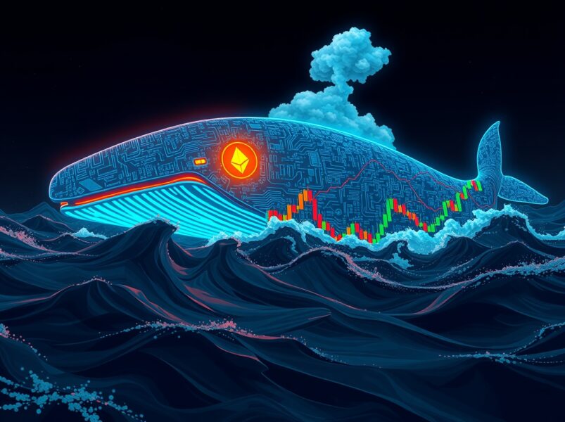 A digital whale representing a crypto trader facing a massive unrealized loss on BTC and ETH short positions.