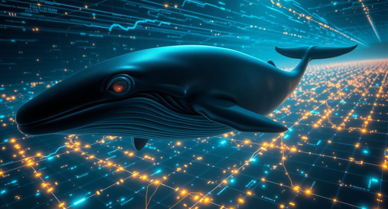 A digital whale swimming through a glowing network of Ethereum blockchain data, representing a large anonymous transaction.