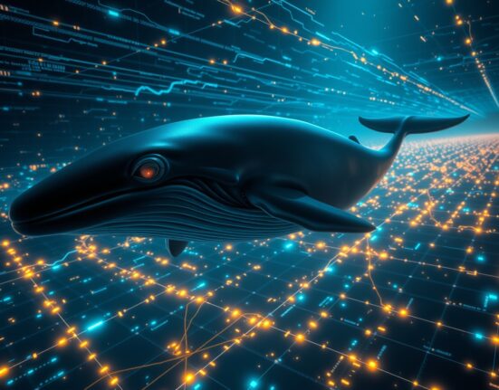 A digital whale swimming through a glowing network of Ethereum blockchain data, representing a large anonymous transaction.
