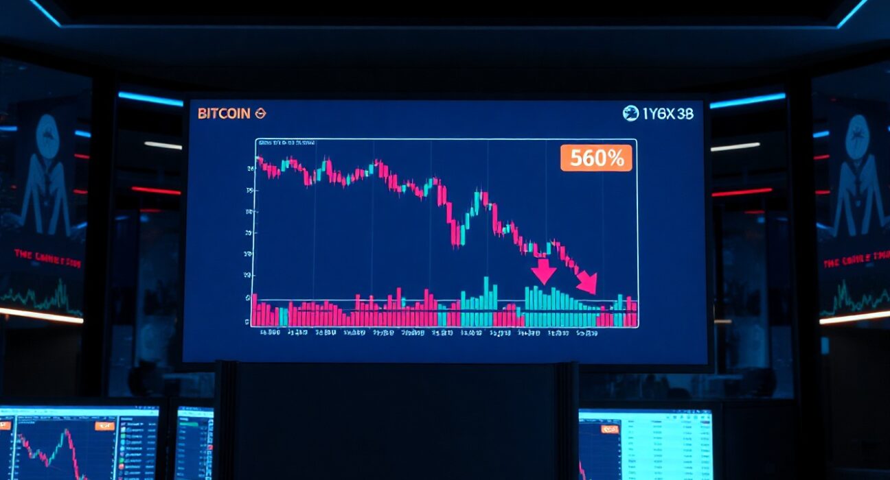 Bitcoin price chart showing a downward trend on a trading screen in a professional trading environment