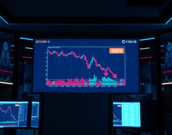 Bitcoin price chart showing a downward trend on a trading screen in a professional trading environment