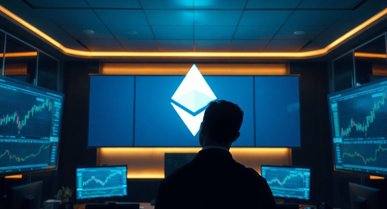 Silhouette of a person viewing Ethereum price charts on large monitors in a dark trading room, representing a whale withdrawal.