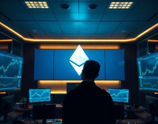 Silhouette of a person viewing Ethereum price charts on large monitors in a dark trading room, representing a whale withdrawal.