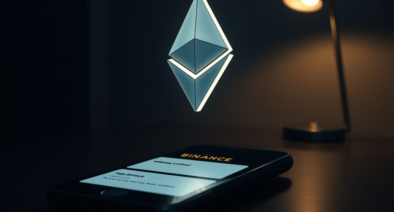 Ethereum logo on a smartphone screen showing a Binance withdrawal confirmation in a dark office.