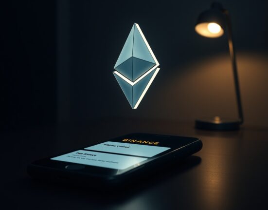 Ethereum logo on a smartphone screen showing a Binance withdrawal confirmation in a dark office.