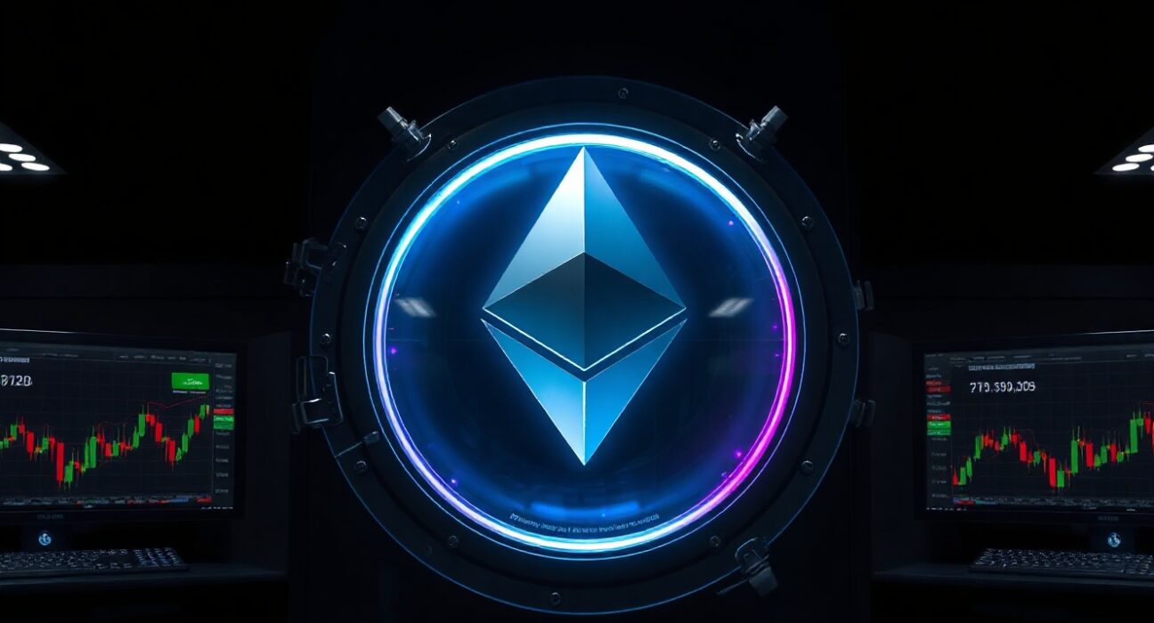 Ethereum logo being withdrawn from a digital bank vault with glowing light trails