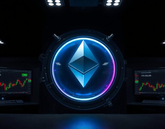 Ethereum logo being withdrawn from a digital bank vault with glowing light trails