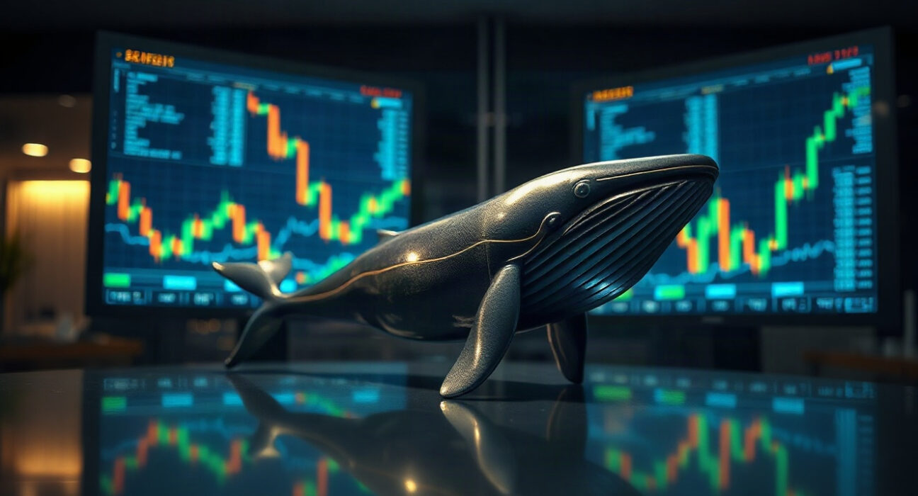 Metallic whale figurine symbolizing large cryptocurrency holder, with blurred trading screens in background