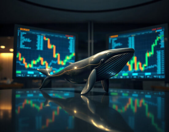 Metallic whale figurine symbolizing large cryptocurrency holder, with blurred trading screens in background