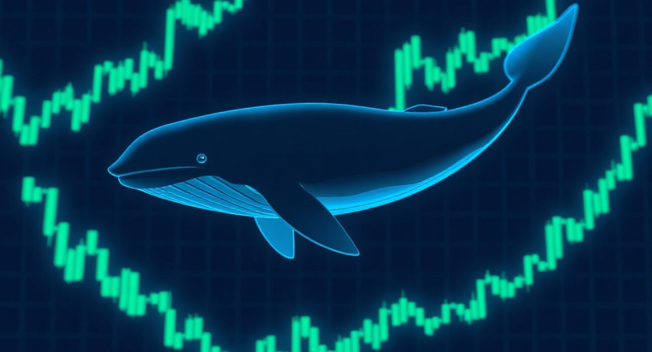 Digital illustration of a whale swimming through a dark ocean of glowing data streams and trading charts