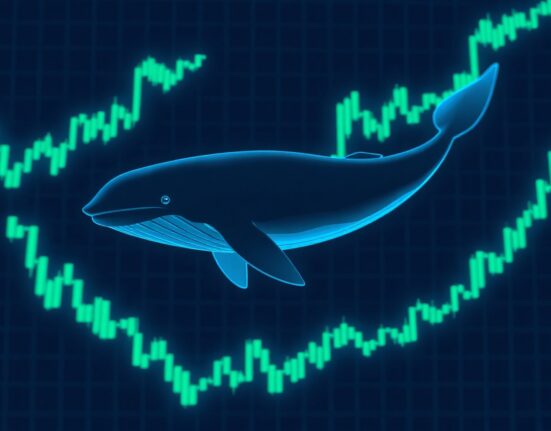 Digital illustration of a whale swimming through a dark ocean of glowing data streams and trading charts