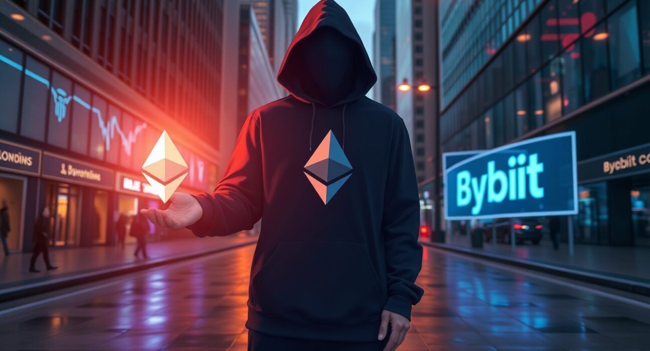 Anonymous whale withdraws ETH from Bybit exchange, holding cryptocurrency in a futuristic setting