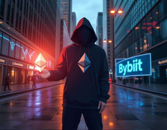 Anonymous whale withdraws ETH from Bybit exchange, holding cryptocurrency in a futuristic setting