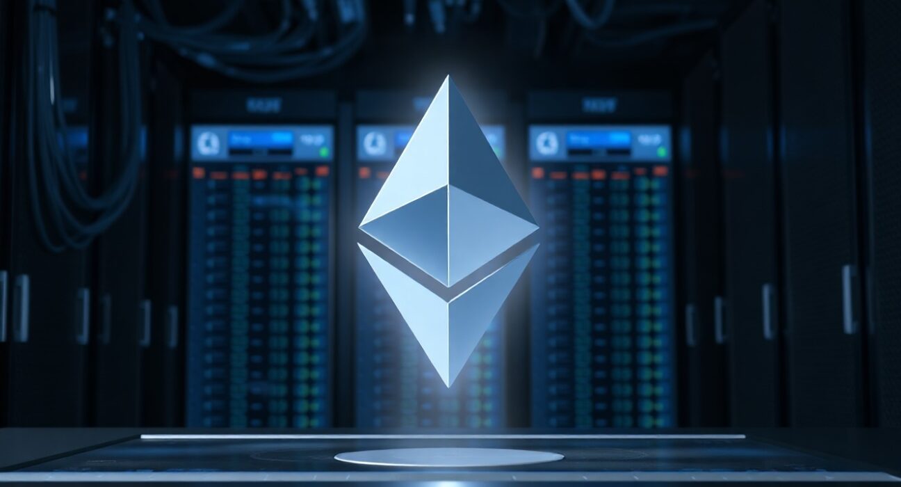Ethereum logo emerging from a dark exchange interface in a data center, representing a large whale withdrawal.