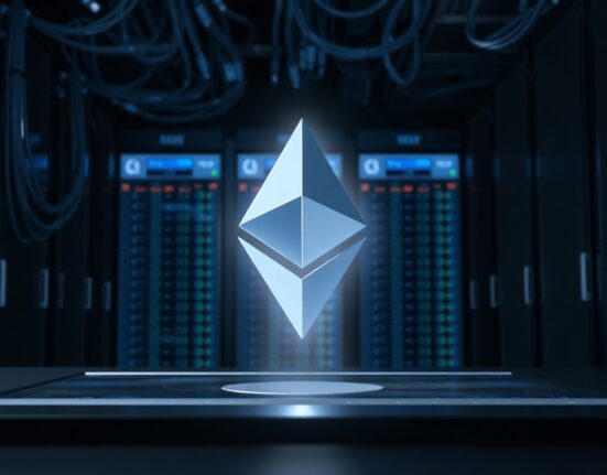 Ethereum logo emerging from a dark exchange interface in a data center, representing a large whale withdrawal.